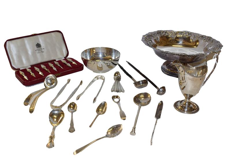 Lot 25 - A collection of silver and silver plate, the silver including a James I silver seal top spoon,...