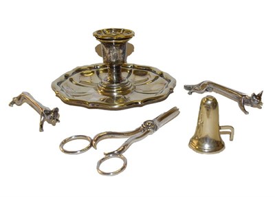 Lot 27 - A silver plated chamber stick and snuffer together with with other plated wares (5)