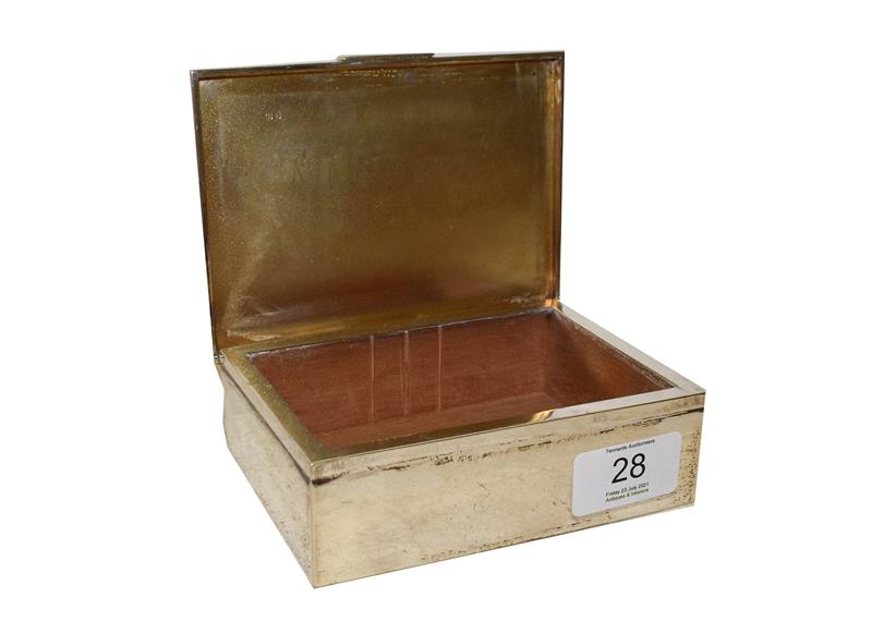 Lot 28 - An Elizabeth II silver cigarette box, by S J Rose and Son, London 1959, oblong, the hinged...