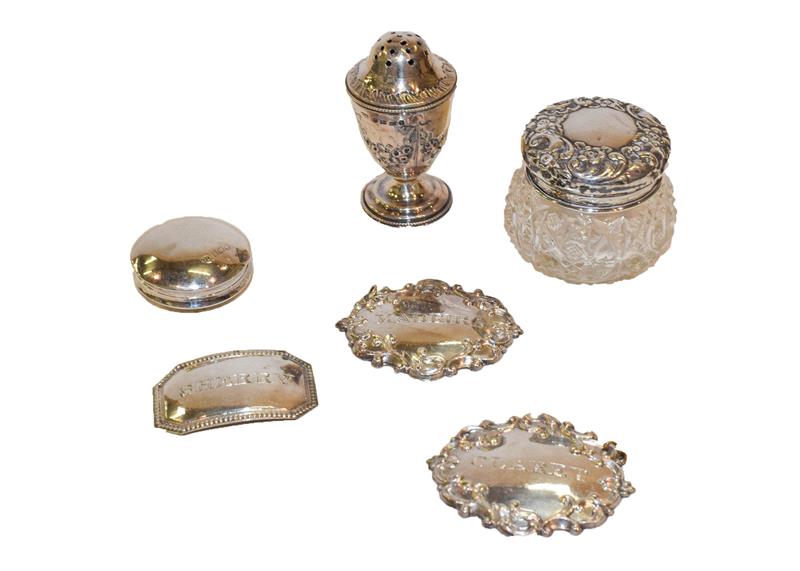 Lot 49 - A collection of silver and silver plate, the silver comprising a silver pill box, a silver...