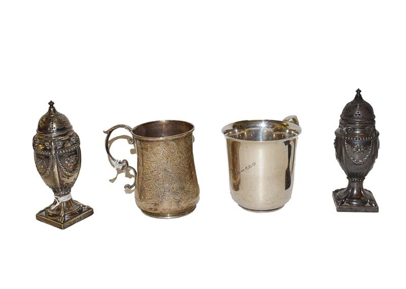 Lot 52 - A collection of silver, comprising a pair of neo-classical pepperettes, by Hawksworth, Eyre &...