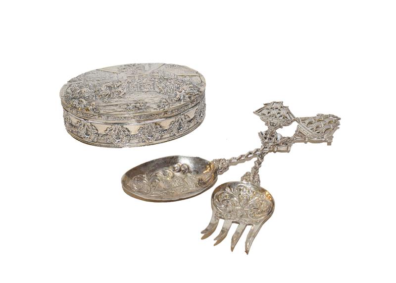 Lot 53 - A Continental silver box and a pair of serving spoons, probably German, late 19th/early 20th...
