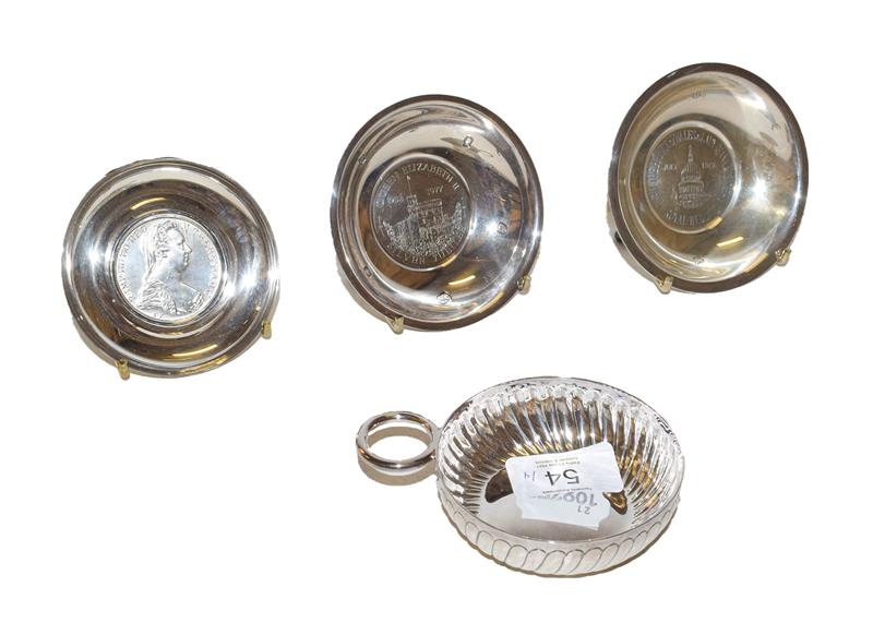 Lot 54 - Three modern silver dishes and wine taster  of typical form, each dishes circular, one...