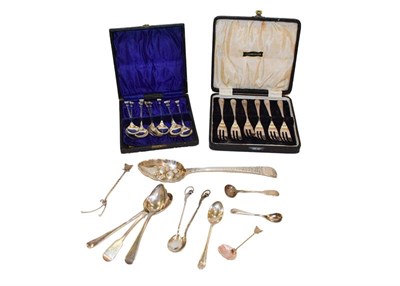 Lot 61 - A collection of assorted flatware including a cased set of cake forks, a George III silver...