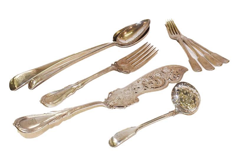 Lot 64 - A collection of silver and silver plate flatware, the silver comprising a Fiddle Thread pattern...