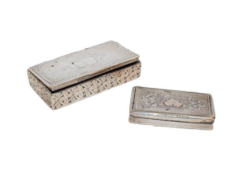 Lot 71 - Two 19th century, variously decorated oblong silver snuff boxes, one with Town mark possibly a P or