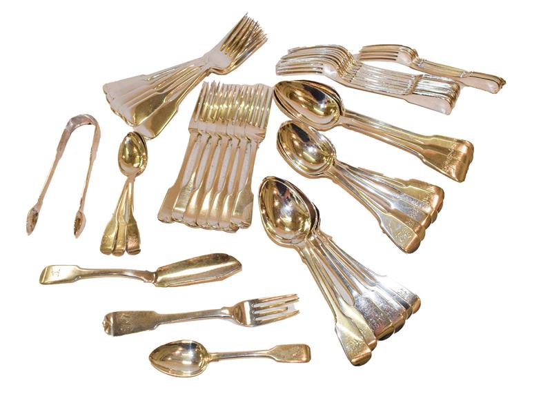 Lot 72 - A collection of silver and silver plate flatware in the Fiddle pattern, variously engraved, the...