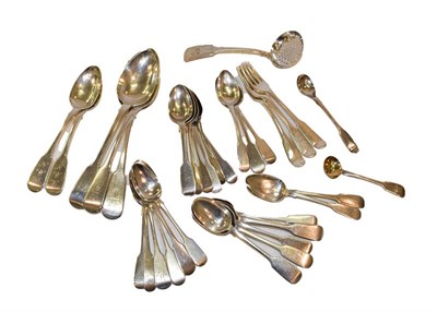 Lot 78 - A collection of assorted silver flatware decorated in the Fiddle pattern, including a pierced...