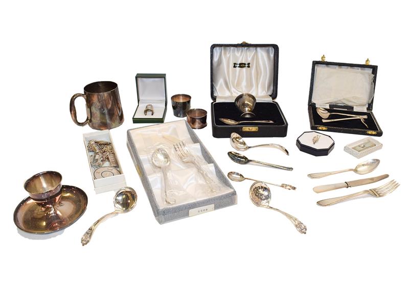 Lot 95 - A collection of assorted silver and silver plate, the silver comprising assorted flatware, a...