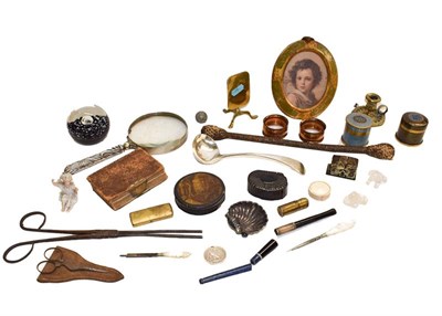 Lot 110 - A tray of assorted curios including a bosun's lead persuader, two cloisonne boxes, magnifying...