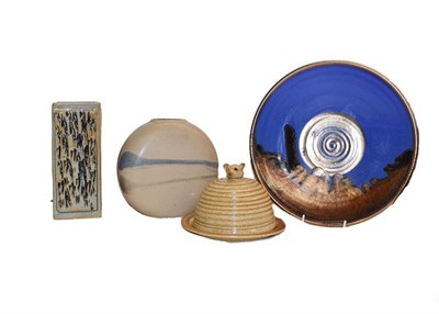Lot 112 - A tray of modern ceramics including Studio pottery, cheese dome, two similar vases and a plate