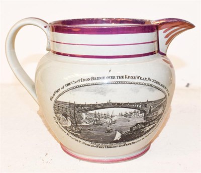 Lot 113 - An early 19th century Sunderland lustre jug printed with a view of the Iron Bridge over the...