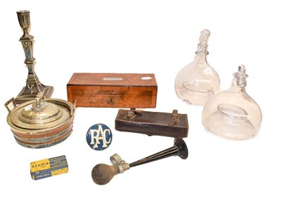 Lot 114 - A Victorian inlaid walnut glove box, two glass fly catchers, a coopered oak butter dish and...