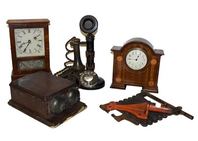 Lot 118 - A vintage stick telephone and GPO bells, an Edwardian inlaid mantle timepiece and a Ansonia...