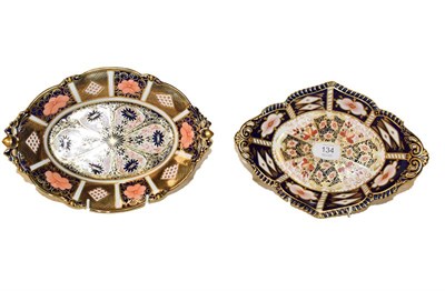 Lot 134 - Two Royal Crown Derby lozenge shaped dishes one in the Imari 1128 pattern T930 29cm long, and...