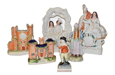 Lot 136 - A tray of 19th century Staffordshire figures etc including Arbour group, cottages and an early...