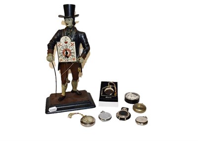 Lot 141 - A modern cold painted spelter figural mantel timepiece formed as a street seller, four modern...
