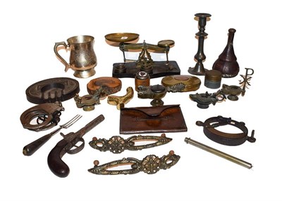 Lot 152 - A tray of ornamental items including a Coalbrookdale cast iron ashtray, a percussion pocket pistol