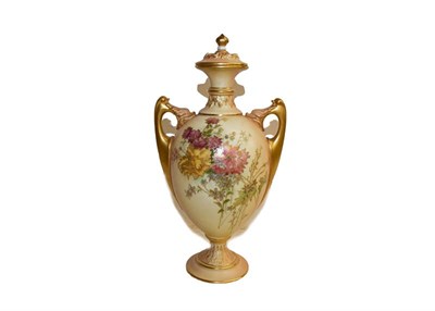 Lot 161 - A Royal Worcester blush ivory vase and cover painted with summer flowers to the front and...