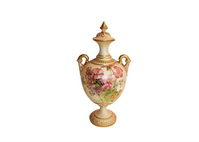 Lot 166 - A Royal Worcester bulbous vase and cover painted with summer flowers on a peach ground with...