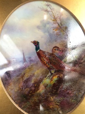 Lot 169 - A Royal Worcester plaque by James Stinton, the oval porcelain plaque painted with pheasants in...