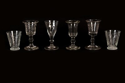 Lot 176 - Four Georgian stemmed glasses, two with folded bases together with two 19th century beakers (6)