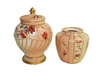 Lot 178 - A Royal Worcester peach ground pot pourri vase and cover, painted with summer flowers and...