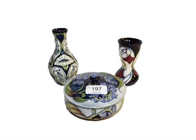 Lot 197 - Two modern Moorcroft vases Dew Drop, 11cm and Rain Daisy, 14cm and a Remembrance box and cover,...