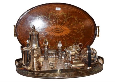 Lot 216 - An Edwardian mahogany marquetry inlaid tea tray, assorted silver plated wares including gallery...