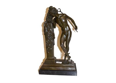 Lot 237 - A bronze statue of Mercury stood next to a column with a Satyr mask on marble plinth, signed Moulin
