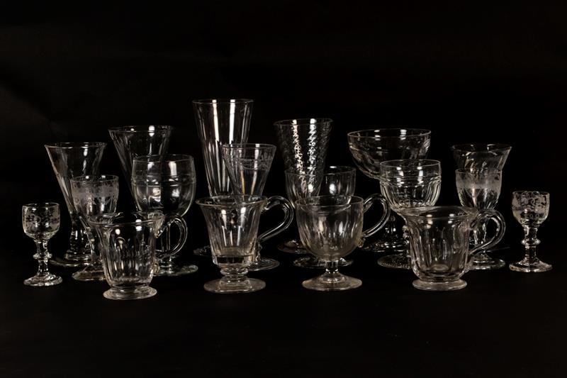 Lot 240 - Two trays of Georgian and later mixed drinking glassware including custard cups, ale flutes and...