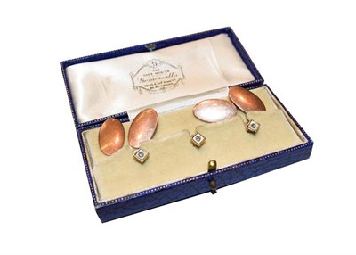 Lot 272 - A pair of 9 carat gold cufflinks (a.f.); and three diamond dress studs, cased