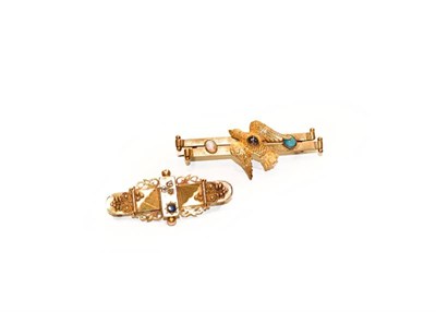 Lot 307 - A gem set bar brooch with a swallow centrally, stamped '9CT', length 5.2cm; and a sapphire and...