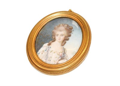 Lot 308 - French School (late 18th century) Miniature bust portrait of a Lady, with pearls in her hair,...