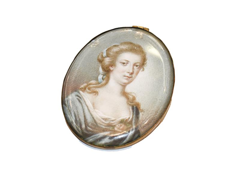 Lot 309 - Lundberg: Miniature bust portrait of a Hedvig Charlotta Nordenflycht, her hair tied with a blue...