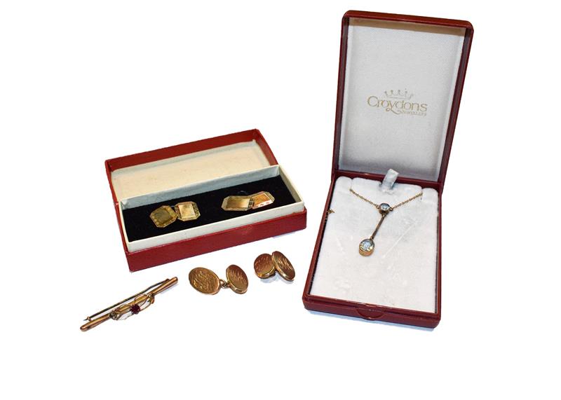 Lot 318 - A pair of 9 carat gold cufflinks; a brooch stamped ''9CT', length 4.9cm (a.f.); an Edwardian...