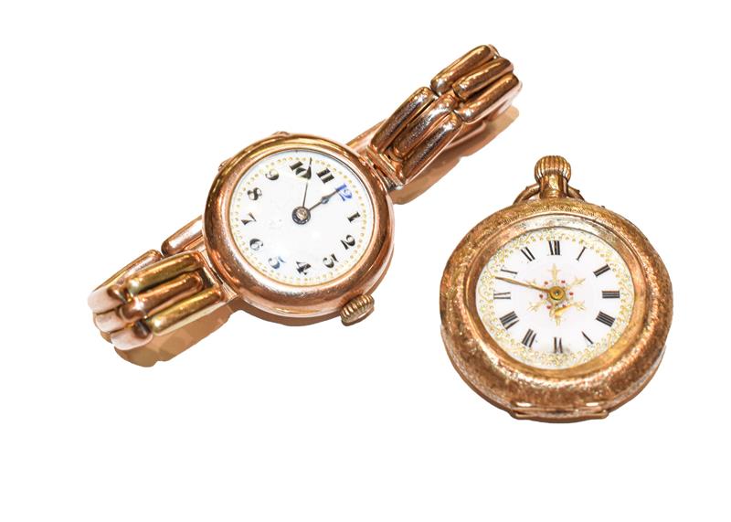Lot 319 - A lady's 9 carat gold enamel dial wristwatch with attached bracelet stamped on one link 9ct,...