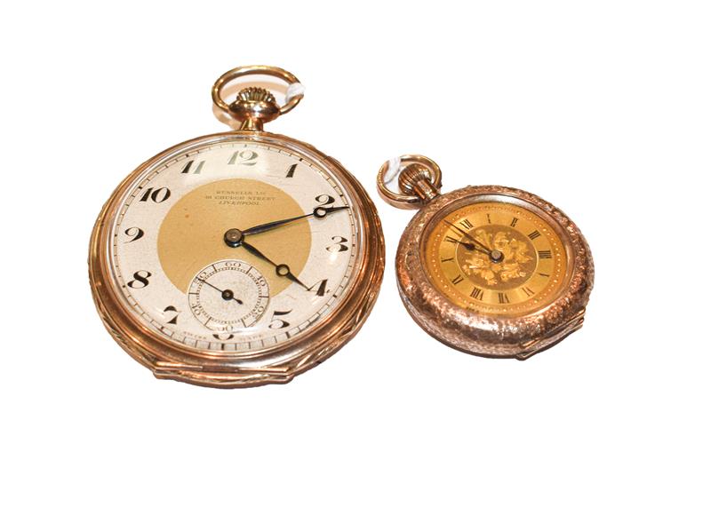 Lot 335 - A 9 carat gold pocket watch, retailed by Russells Ltd, and a lady's 9 carat gold fob watch