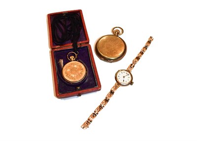 Lot 338 - A lady's fob watch with case stamped 14k, gold plated pocket watch signed Elgin and a lady's 9...