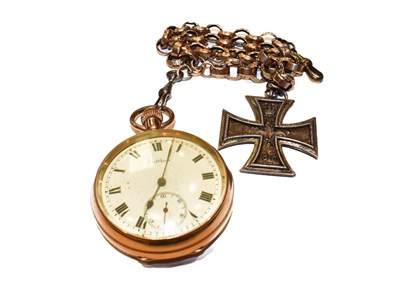 Lot 339 - A gold plated open faced pocket watch, signed Waltham, with attached yellow metal chain and...