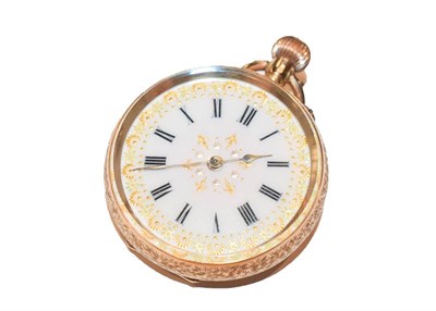 Lot 340 - A Continental 14 carat gold lady's fob watch, Roman enamel dial, cased