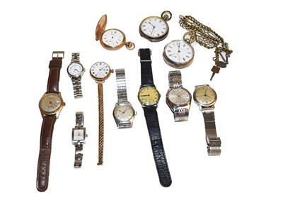 Lot 346 - A silver pocket watch, Waltham plated pocket watch, Seiko quartz wristwatch, seven other...