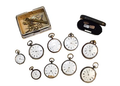 Lot 347 - Five silver open faced pocket watches, another pocket watch case stamped 0.800, two lady's fob...