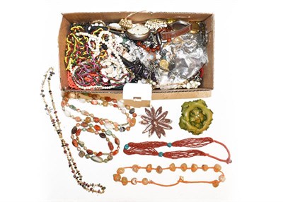 Lot 350 - Two agate necklaces; a pair of dolphin drop earrings, stamped '925'; a coral necklace; and a...