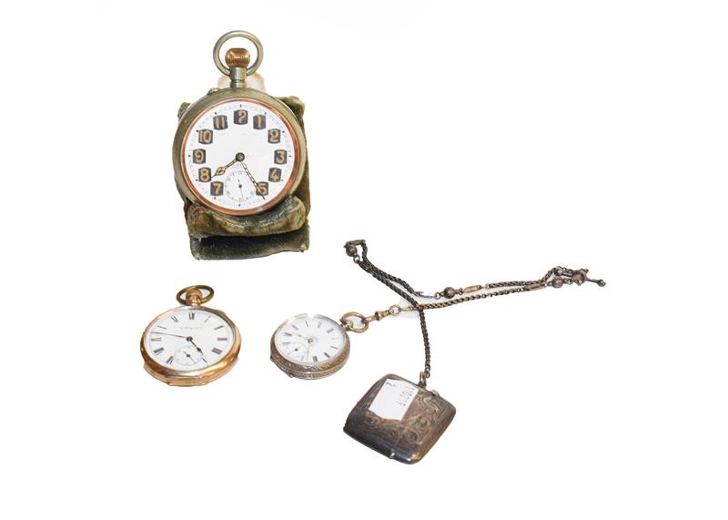 Lot 352 - A gold plated Elgin lady's pocketwatch, a silver fob watch with case stamped 0.800 with...