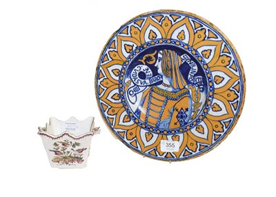 Lot 355 - A Maiolica Bella Donna dish in 16th century Deruta style, painted in blue and ochre with a bust...