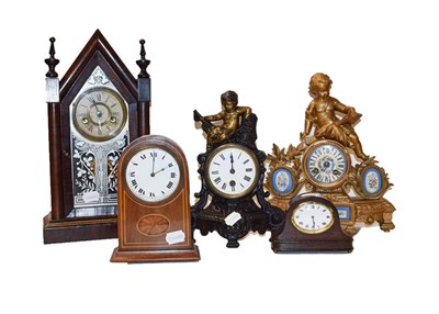 Lot 365 - A 19th century French gilt metal eight day mantel clock with Sevres style panels, together with...