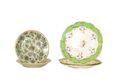 Lot 383 - Two Chinese celadon famille rose dishes, blue seal marks, together with three early 20th...