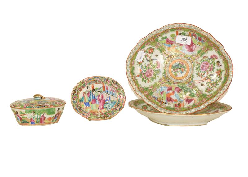Lot 386 - A pair of 19th century Cantonese lozenge shaped serving dishes, 27.5cm, together with a...