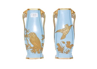 Lot 399 - A pair of 19th century Royal Worcester vases decorated with raised gilded foliage and birds...